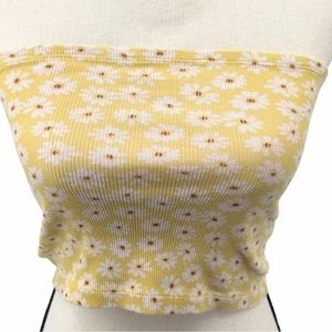 Forever 21 Daisy Floral Ribbed Tube Top Yellow Small